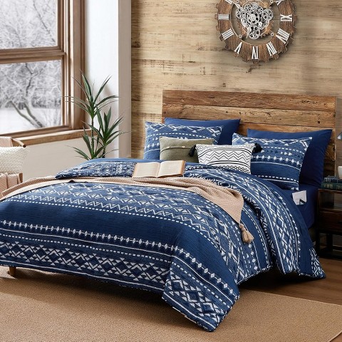 Der Rose BALHAM TRADE-Queen Size 7 Pieces Boho Bed in a Set All Seasons Reversible Lightweight Comforter Blue-b-Queen 90"x90"