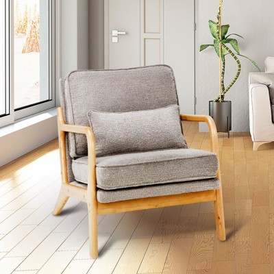 Beige Modern Accent Chair with Lumbar Pillow and Wooden Frame for Living Room or Office