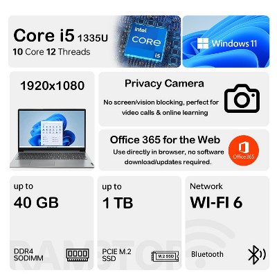 Lenovo IdeaPad 1 15.6" FHD Laptop, Intel i5-1335U, 8GB RAM, 256GB SSD, Iris Xe, Wi-Fi 6, Windows 11 Home