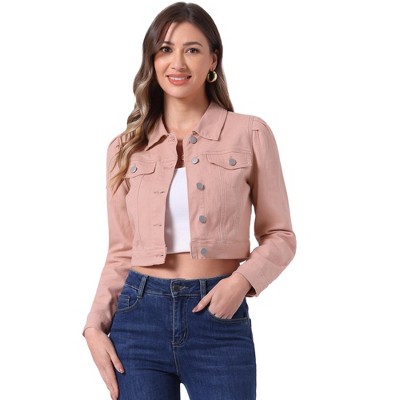 INSPIRE CHIC Women's Basic Puff Sleeve Washed Lightweight Cropped Denim Jacket