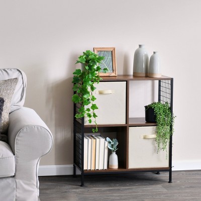 Mid-Century Walnut and Black 4-Cube Storage Bookshelf