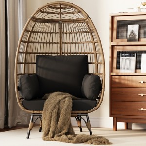 Egg Chair, Wicker Egg Chair with Plush Cushion, Steel Frame and Metal Base, Lounge Chair for Indoor & Outdoor Patio, Living Room, and Backyard - 1 of 4