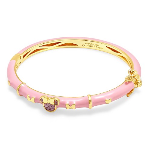 Disney Girls Minnie Mouse Yellow Gold Plated Pink Glitter Accent Bangle  Bracelet - 6.5