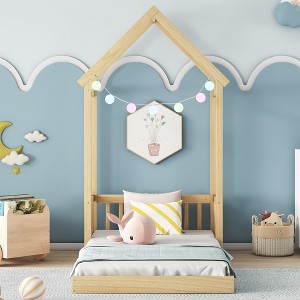 FONTOI Twin Floor Bed with Headboard, Wood Bed with Guardrails for Girls and Boys, Brown, 44.8"*80"*77.8" - 1 of 4
