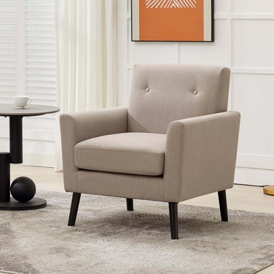 Coucheta Mid-Century Accent Chair with Wood Legs, Linen Upholstered Armchair with Thick Cushion, Single Sofa Chair for Living Room, Office or Bedroom