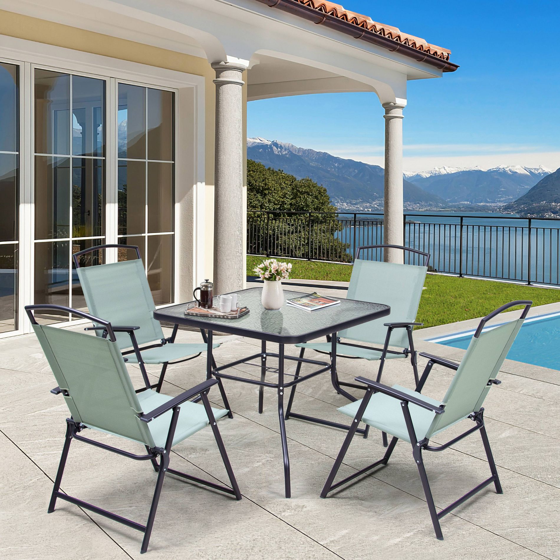 5pc Outdoor Steel Dining Set with Folding Chairs & Square Glass Table Top Green - Crestlive Products: Includes Umbrella Hole