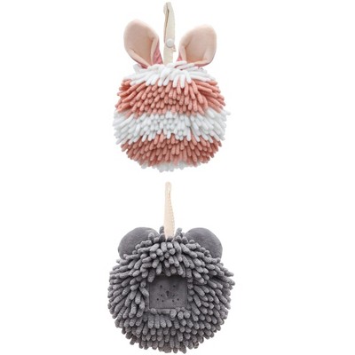 REGALWOVEN Rabbit Shape Quick Drying Soft Absorbent Decorative Chenille Fuzzy Ball Hand Towels with Hanging Loops 7" x 7" 2 Pcs