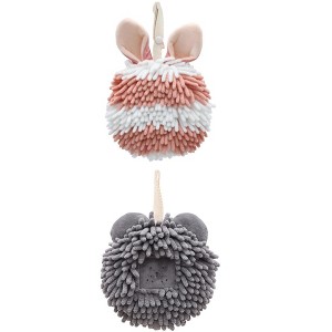 REGALWOVEN Rabbit Shape Quick Drying Soft Absorbent Decorative Chenille Fuzzy Ball Hand Towels with Hanging Loops 7" x 7" 2 Pcs - 1 of 4