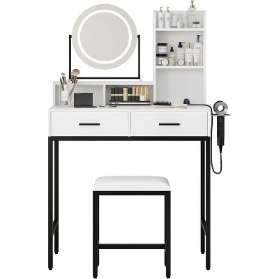 Adjustable Vanity Desk with Rotating Mirror and Storage Shelves, Makeup Table with 2 Drawers, 1 Stool