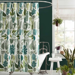 Jungalow Jardin Shower Curtain Green/Blue 100% Cotton, Botanical Pattern, Machine Washable - 1 of 4