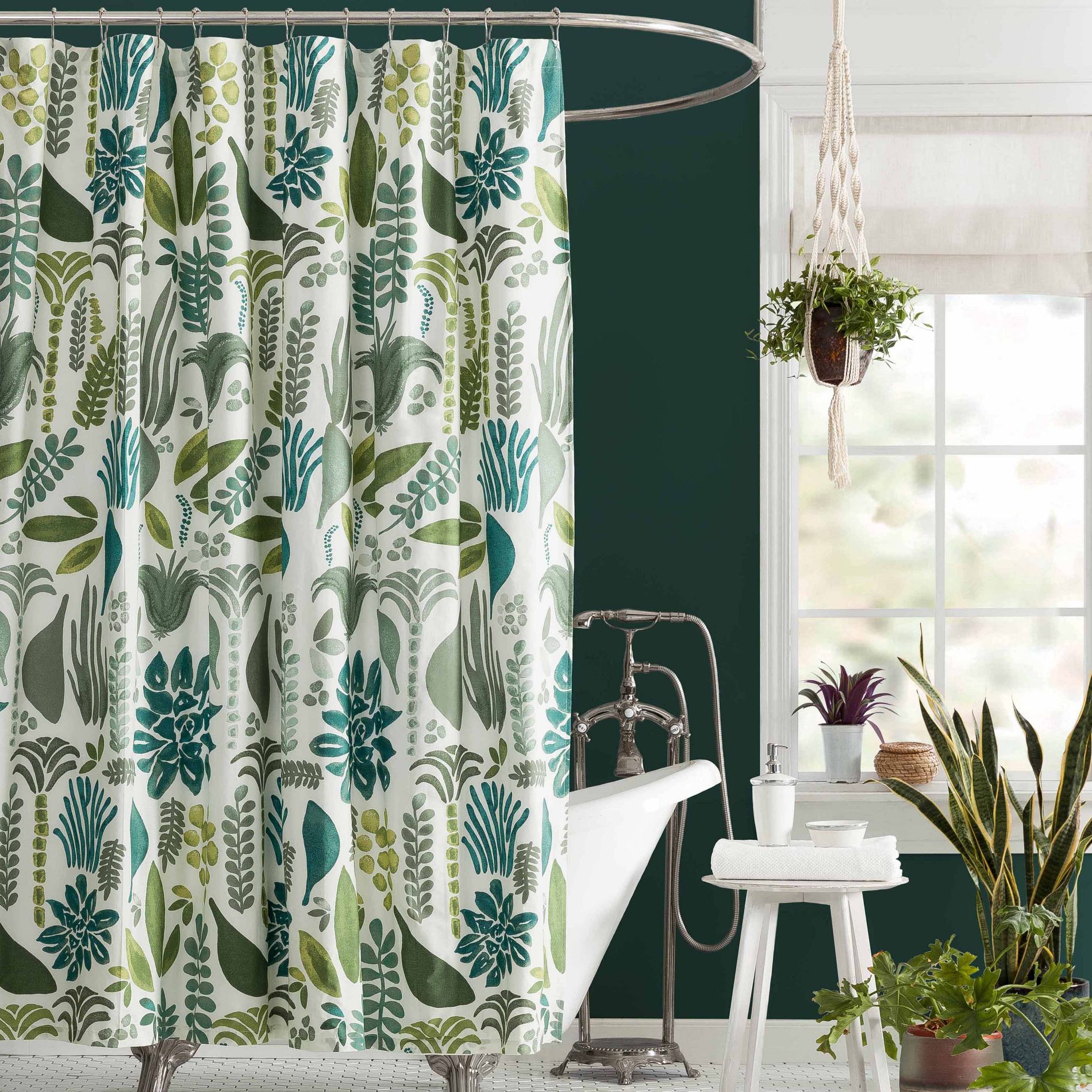 Jungalow Jardin Shower Curtain Green/Blue 100% Cotton, Botanical Pattern, Machine Washable
