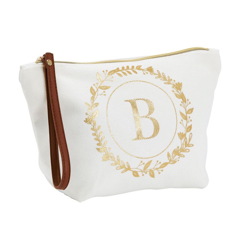 Gold Initial B Personalized Makeup Bag for Women, Monogrammed Canvas Cosmetic Pouch (White, 10 x 3 x 6 In), 1 of 9