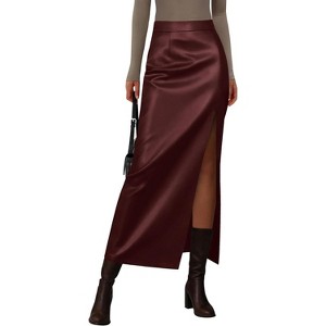 Women's 2025 Faux Leather Pencil Skirt - High Waist Slit Maxi for Office & Winter Fashion Dark Burgundy - 1 of 4