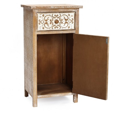 Rustic Floral Carved Wood and Metal End Table with Storage