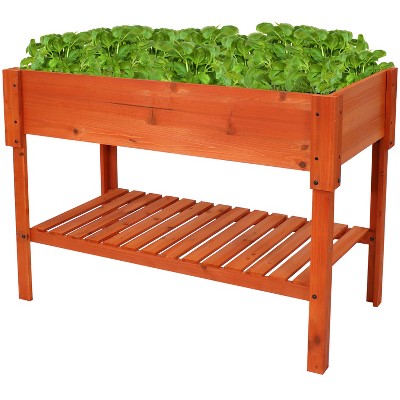 Sunnydaze Stained Fir Wood Raised Garden Bed with Shelf