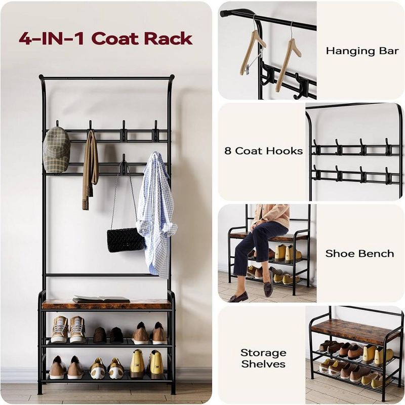 Whizmax Hall Tree Shoe Bench,Coat Rack Storage Bench,4-in-1 Coat Tree with Bench Storage Shelf and 8 Hooks for Small Spaces, Entryway, Bedroom, 4 of 8