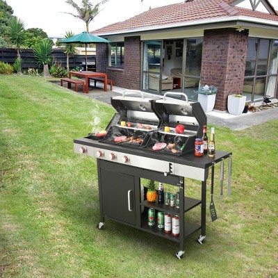 3-Burner Propane Gas and Charcoal Grill with Side Burner,37,230 BTU Stainless Steel BBQ Grill,Outdoor Dual Fuel Barbecue Grill-Coolbibila