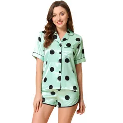 cheibear Women's Satin 2pcs Lounge Sleepwear T-Shirt and Shorts Polka Dots Pajama Sets Green L