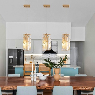 TOBILI 4" Modern Crystal Pendant Light - 3 Pack, Adjustable Hanging Ceiling Lamp with Crystal Prism Design for Dining Room, Kitchen-Golden Finish