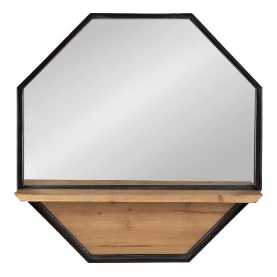 Octagon Black Metal Wall Mirror with Wood Shelf