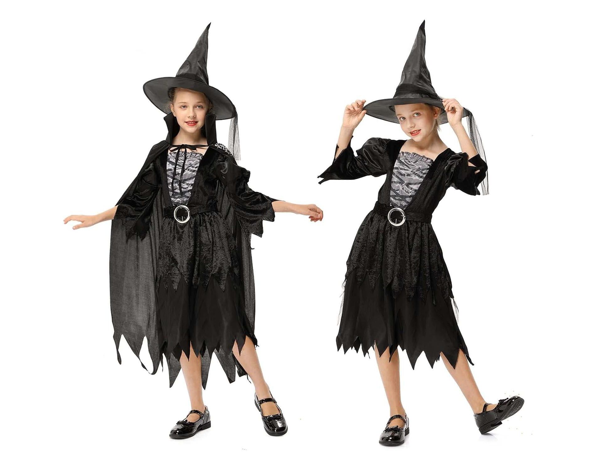 Enchanted Black Witch Dress for Girls - Classic Costume with Cloak for Halloween & Dress-Up Play