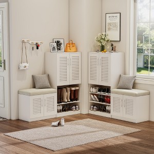PDTEND Multifunctional Shoe Storage Cabinet with Padded Seat, 10 Compartments and Adjustable Shelves for Entryway or Mudroom - 1 of 4