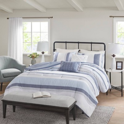 5-Piece Tucson Blue & White Jacquard Striped Comforter Set, Queen