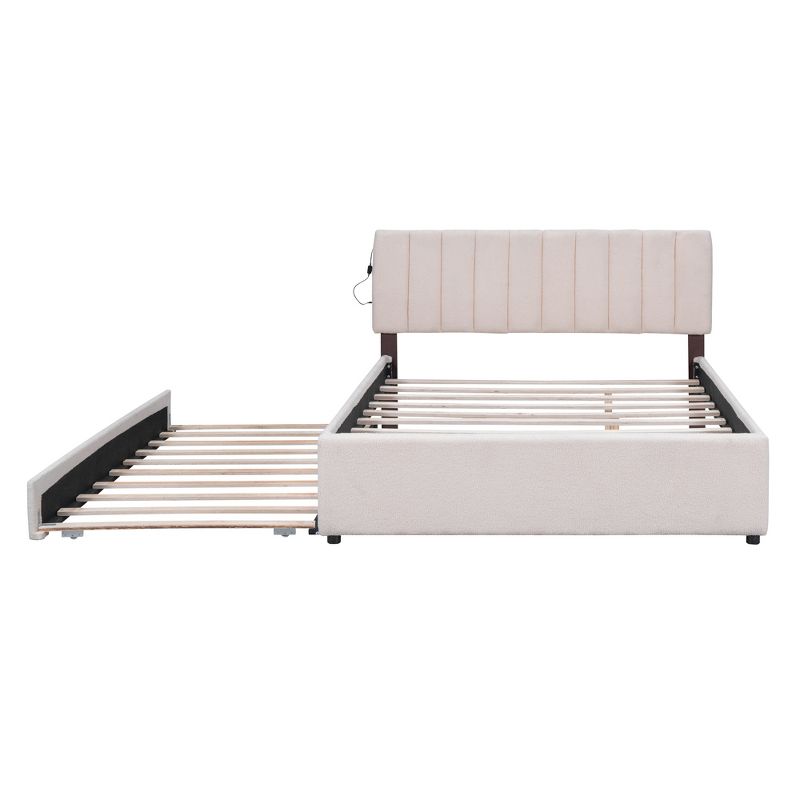 Queen/Full Size Teddy Fleece Upholstered Platform Bed with Trundle Bed and LED Lights-ModernLuxe, 4 of 14