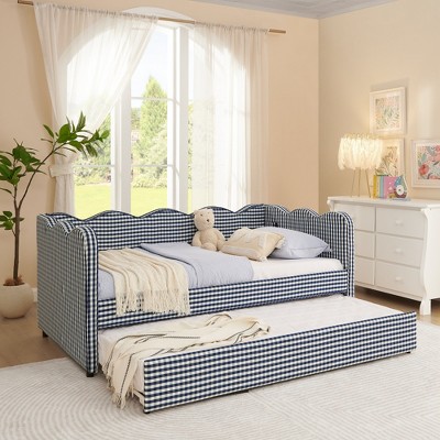 Lycvki Gingham Sofa with Trundle Twin Size Bed Frame No Mattress