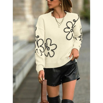Women's Floral Print Sweater Crew Neck Knitted Pullover Long Sleeve Winter Comfort Top