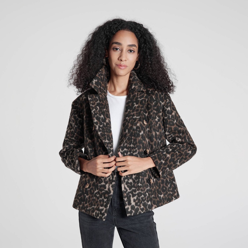 Women's Pea Coat - A New Day™ Brown Leopard Print L