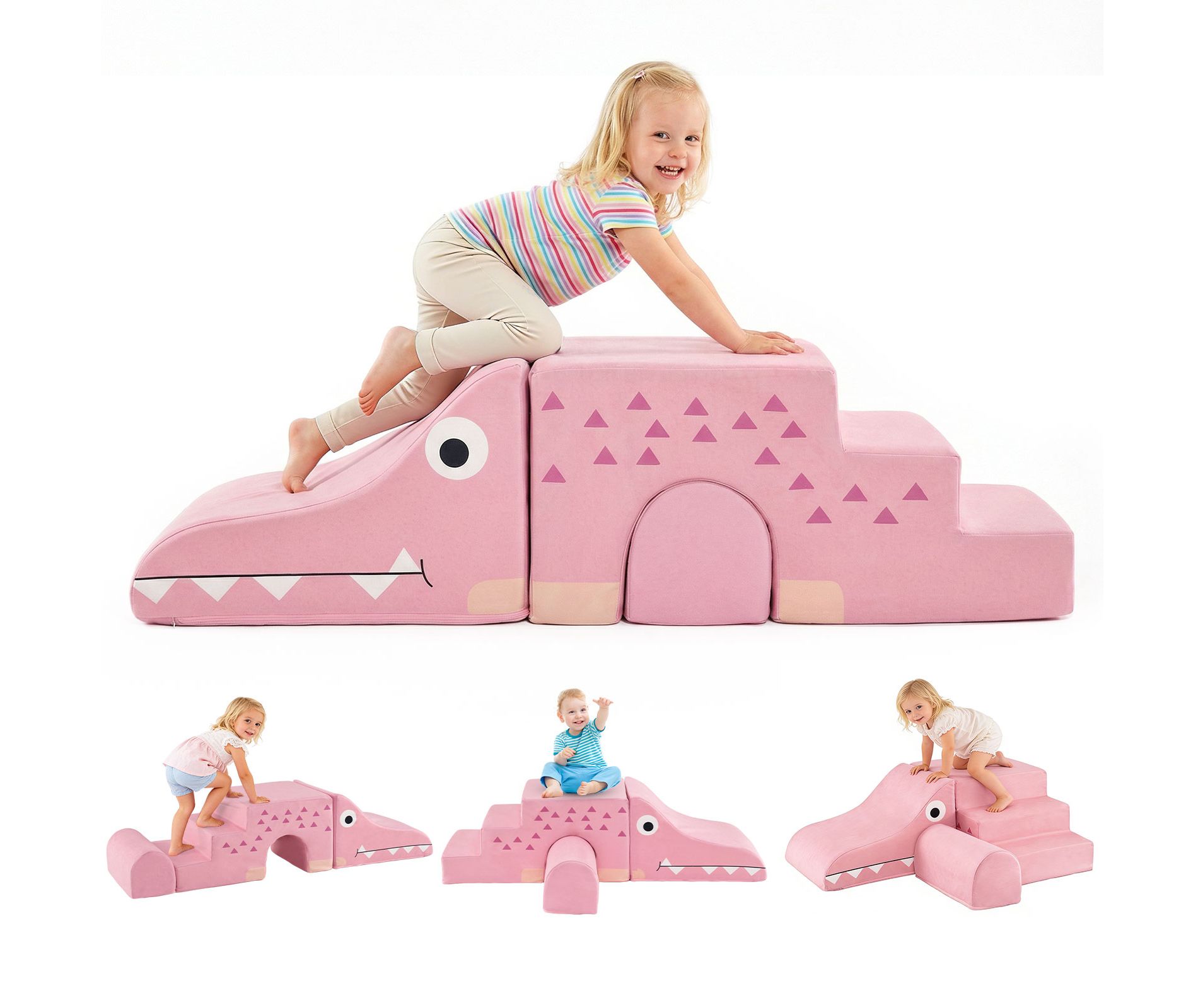 Costway 3 PCS Soft Velvet Toddler Climbing Toys Crocodile-Themed Foam Climbing Blocks Pink