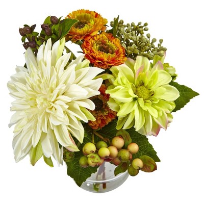 Rustic Charm 32" Mixed Dahlia & Mum Arrangement with Glass Vase