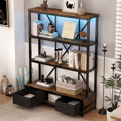 NicBex Bookcases for Living Room 4 Tier Rustic Wood Metal Freestanding Open Book Shelf Corner Bookcase with Drawers for Home Office