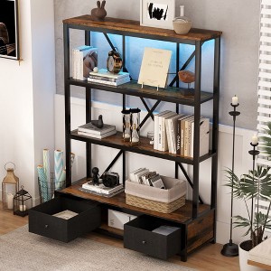 NicBex Bookcases for Living Room 4 Tier Rustic Wood Metal Freestanding Open Book Shelf Corner Bookcase with Drawers for Home Office - 1 of 4
