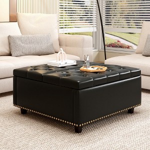 32" Square Storage Bench, Leather Lift-Top Ottoman Cube Bench, Coffee Table Ottoman With Large Storage Space,  Storage Coffee Table For Living Room - 1 of 4