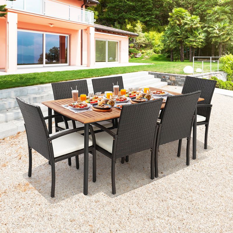 Costway 7PCS Patio Wicker Dining Set Cushion Armchairs Acacia Wood Table with Umbrella Hole, 2 of 11