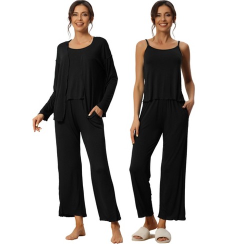 cheibear Womens Modal Knit Soft Long Sleeve Cardigan Cami and Pants Pajama  Set 3 Pcs Black Small