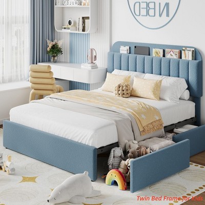 Twin/FULL/Queen/Twin XL Size Kids'Bed Frame with 2 Flexible Drawers, Boucle Upholstered Platform Bed Frame w/ Bookcase Headboard, Bedframe