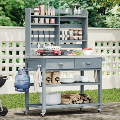 LOVSON 64.9-inch tall outdoor planter workbench with lockable wheels, stainless steel countertop, towel rack,suitable for lawn gardens,gray-blue