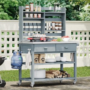 LOVSON 64.9-inch tall outdoor planter workbench with lockable wheels, stainless steel countertop, towel rack,suitable for lawn gardens,gray-blue - 1 of 2