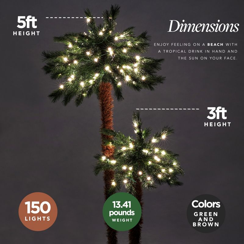 Home Heritage Prelit Artificial Tropical Christmas Holiday Palm Tree, White Incandescent Lights and Stand, 3 of 7
