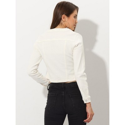 Allegra K Women's Collarless Button Down Crop Jean Denim Jackets Medium White — фото 4