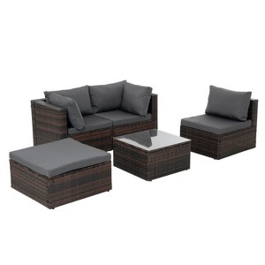 GlasFlength 5PCS Patio Seating Rattan Furniture Set Sectional Sofa Cushioned Garden, Tempered Glass Table, Grey, 28.94"*28.55"*24.8" - 1 of 4