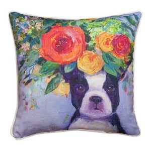 Dogs in Bloom Pillow Square 18 Inch – Boston Terrier Accent by Manual Woodworkers and Weavers - 1 of 3