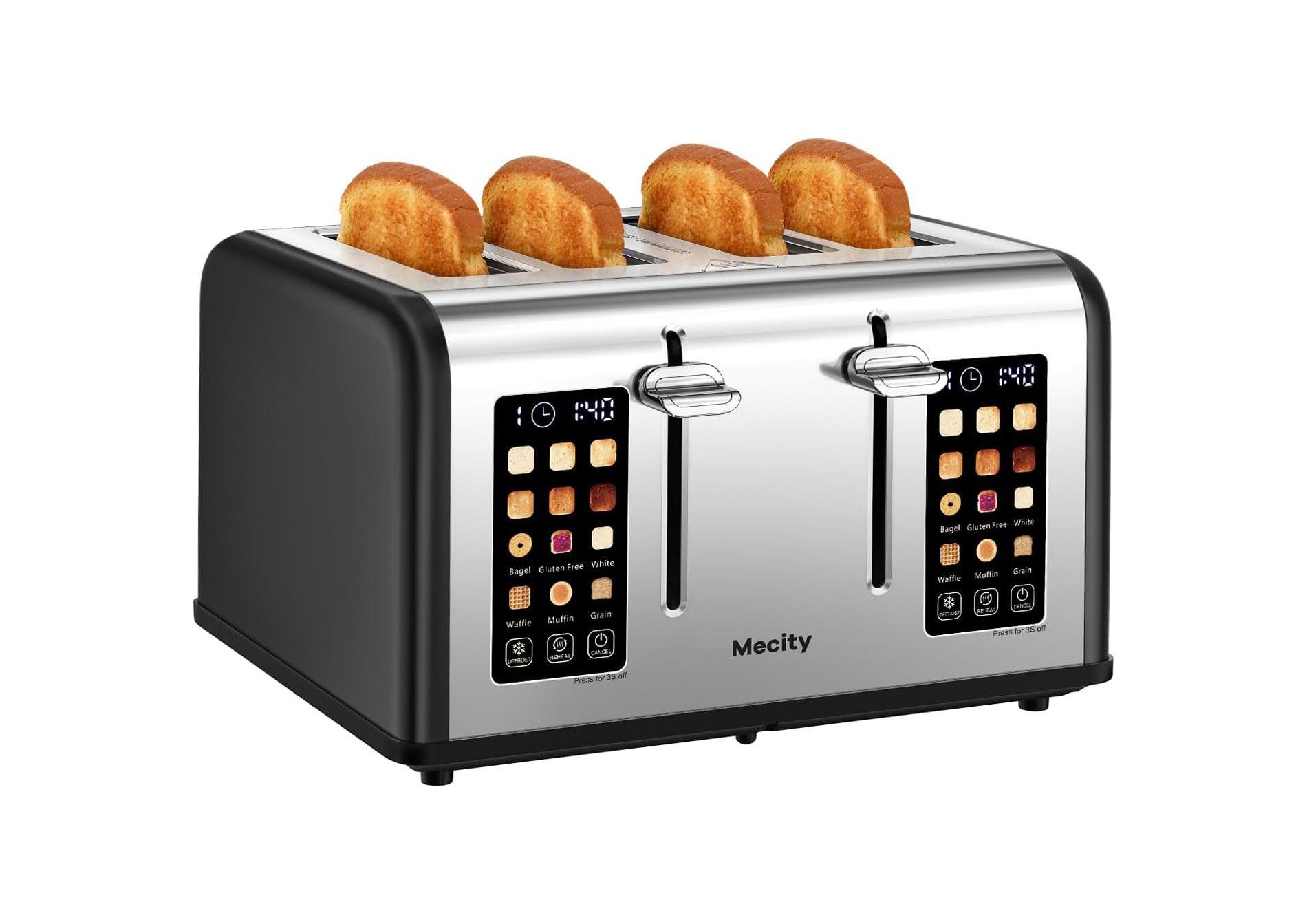 Mecity 4-Slice Toaster, Touch Screen, Dual Control, Defrost/Reheat, 1650W, Stainless Steel