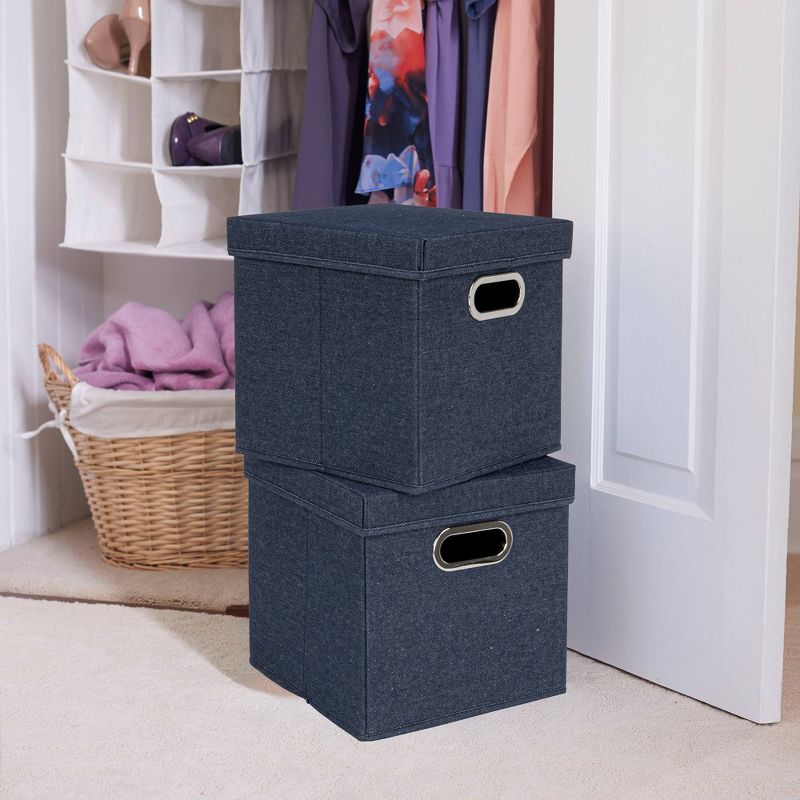 Household Essentials Set of 2 Collapsible Cotton Blend Cube Storage Box with Lid and Metal Grommet Handle Denim, 3 of 12