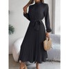 Women Pleated Dress Long Sleeve Stand Up Collar A-Line Flowing Dress With Belt - 2 of 4