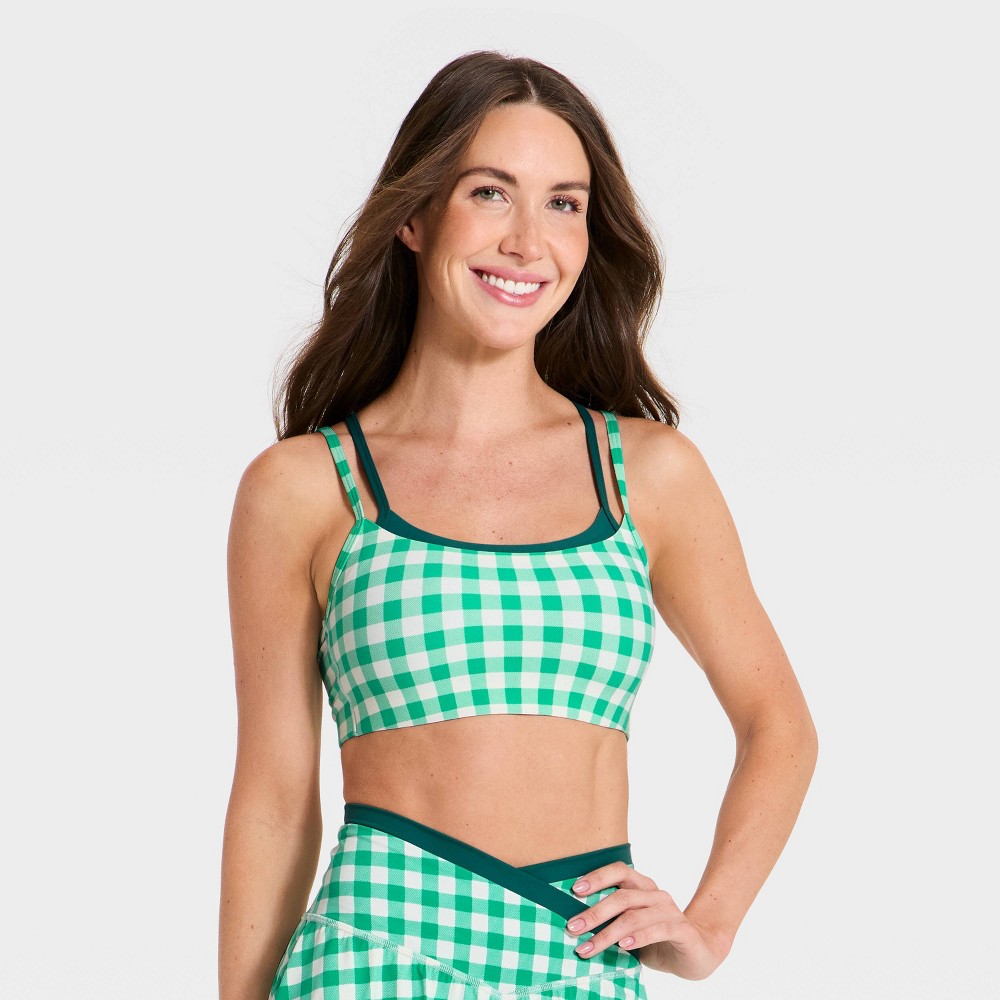 Women's Everyday Soft Light Support Layered Sports Bra - All In Motion™ Green Gingham M