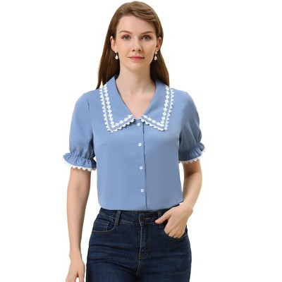 INSPIRE CHIC Women's Sweet Peter Pan Contrast Collar Short Sleeves Button Up Shirts